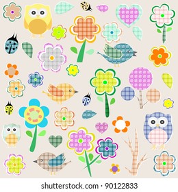 Retro spring nature and animal elements. vector background