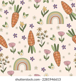 Retro Spring seamless pattern - Happy Easter. Groovy vector seamless patterns and design elements - bunny, flowers, eggs, rainbow.