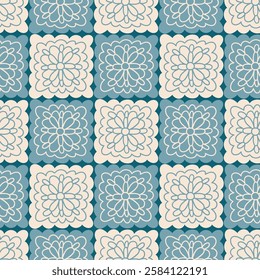 Retro square background granny style. Crocket knitted plaid seamless pattern. Vintage vector patchwork print design.