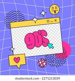 Retro square banner or card with old computer aesthetic frames for quotes, text. Vintage 70s, 80s, 90s Vibes Art. Trendy Colorful bright background with smile, geometric shapes, heart. Linear Vector