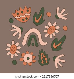 Retro quadratische Karte mit flüssigen Blumen und Blättern. Hübscher, gemütlicher Vintage-Druck mit flüssiger Doodle-Cartoon-Elemente für weibliches Accessoire, Grußkarte, Poster