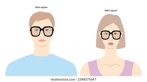 Retro Square frame glasses on women and men flat character fashion accessory illustration. Sunglass front view unisex silhouette style, rim eyeglasses, lens sketch outline isolated on white background