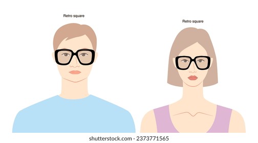 Retro Square frame glasses on women and men flat character fashion accessory illustration. Sunglass front view silhouette style, rim spectacles eyeglasses, lens sketch isolated on white background