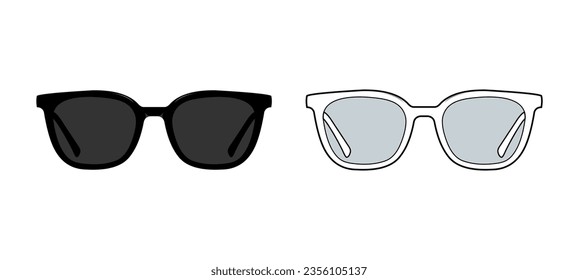 plantilla vectorial de gafas de sol cuadradas retro. Dibujo de gafas de sol, gafas, plantilla, negro, silueta. vista frontal, unisex. color negro y blanco. Burla de CAD.