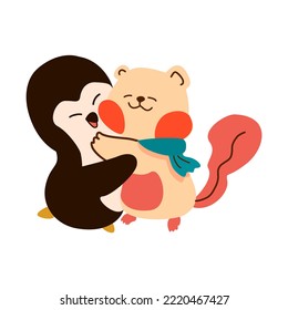 retro Squirrel and penguin cuddling warmly on a white background. cute animal ,happy winter ,Cartoon suitable for, print, sublimation, shirt, postcard, printable, stationery ,kids ,etc.r
