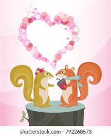 Retro Squirrels In Love With Heart Shaped Bubble Copy Space; Cute Woodland Creatures On A Tree Stump Inspired By Mid-century Modern Illustration.