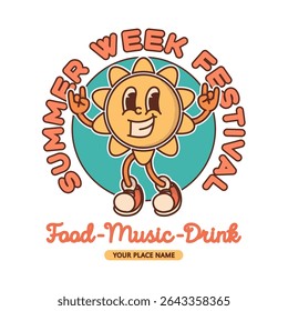Retro sryle summer festival flyer template with smiling sun mascot thumbs up