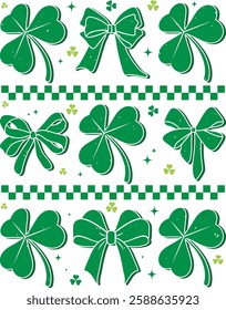 Retro St. Patrick's Coquette design featuring shamrocks and bows. Perfect for t-shirts, mugs, bags, and more. Vintage Irish luck for festive crafts.