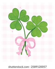 Retro St Patricks Day Coquette 4 Leaf Clover with Bow Girly Lucky Whimsical watercolor vector