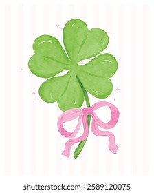 Retro St Patricks Day Coquette 4 Leaf Clover with Pink Ribbon Bow Girly Lucky Whimsical watercolor vector