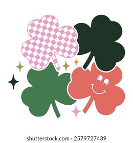 Retro St. Patrick's Day Design with Sign Hand, a Checkered Heart and a LUcky Four-Leaf Clover