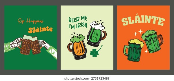 Diseño retro del día de San Patricio con tostadas Slainte y tazas de cerveza tintineantes en colores irlandeses verdes y naranjas. Perfecto para temas de celebración navideña, imágenes de la cultura del pub, Mercancía festiva y gráficos de fiesta.