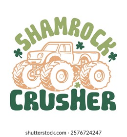 Retro St. Patrick's Day Monster Truck with oversized wheels, Shamrock Crusher