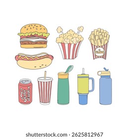 Retro Stadium Fast Food and Drinks for Fans Game Day vector clip-art set isolated on white. Boyish Sports Sporty Boy hand drawn illustrations.