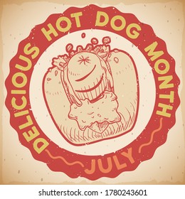 Retro stamp with delicious hot dog draw promoting to celebrate during July, the Hot Dog Month.