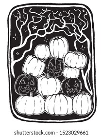 Retro stamp style vector illustration. Harvest of pumpkins near the trees. Halloween hand drawn graphic illustration. Scary pumpkins in sketch style. Design for poster, print, postcard, t-shirt etc.