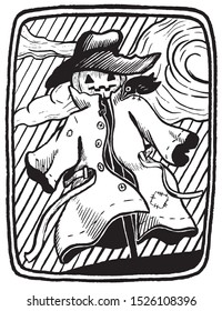 Retro stamp style vector illustration. Scarecrow in a coat and hat with a crow on his shoulder. Halloween hand drawn graphic illustration in sketch style. For poster, print, postcard, t-shirt etc.