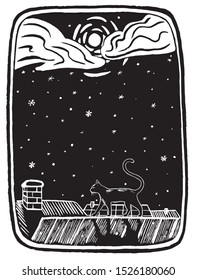 Retro stamp style vector illustration. Hand drawn graphic sketch landscape. Snowy night over the city. Cat on the roof of the house during a snowfall. Design for poster, print, postcard, t-shirt etc.