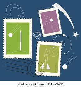 Retro Stamps Cosmos Collection. Vector Illustration