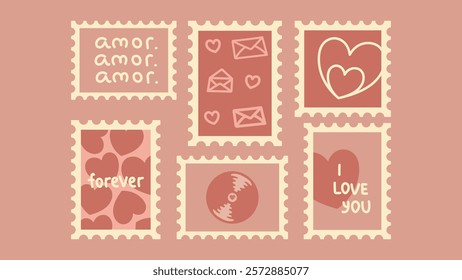 Retro stamps for Valentine's Day.Hearts, letters,envelopes,amor,text,vinyl record.Poster and cards.Holiday days.I love you.Romance, falling in love.