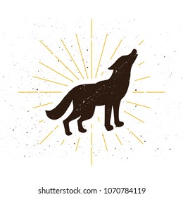 Retro standing howling wolf silhouette logo. Nature sign and vintage logotype. Wild animal icon. Zoo or reserve symbol. Vector