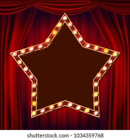 Retro Star Billboard Vector. Red Theater Curtain. Shining Light Sign Board. 3D Electric Glowing Star Element. Vintage Golden Illuminated Neon Light. Carnival, Circus, Casino Style. Illustration