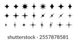 Retro star of different shapes flash silhouette set, Collection of twinkle particle stars and rays decorative symbols for design. Vector icons y2k style basic shapes geometric graphic elements.