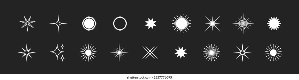 Retro star of different shapes flash silhouette set, Collection of twinkle particle stars and rays decorative symbols for design. Vector icons y2k style basic shapes geometric graphic elements.