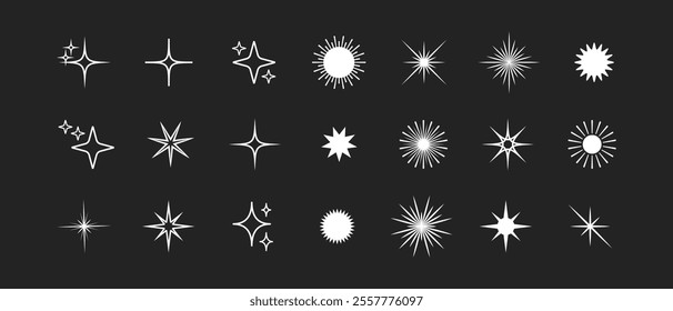 Retro star of different shapes flash silhouette set, Collection of twinkle particle stars and rays decorative symbols for design. Vector icons y2k style basic shapes geometric graphic elements.