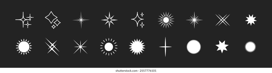 Retro star of different shapes flash silhouette set, Collection of twinkle particle stars and rays decorative symbols for design. Vector icons y2k style basic shapes geometric graphic elements.