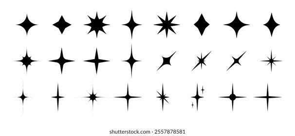 Retro star of different shapes flash silhouette set, Collection of twinkle particle stars and rays decorative symbols for design. Vector icons y2k style basic shapes geometric graphic elements.