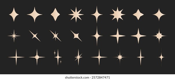 Retro star of different shapes flash silhouette set, Collection of twinkle particle stars and rays decorative symbols for design. Vector icons y2k style basic shapes geometric graphic elements.