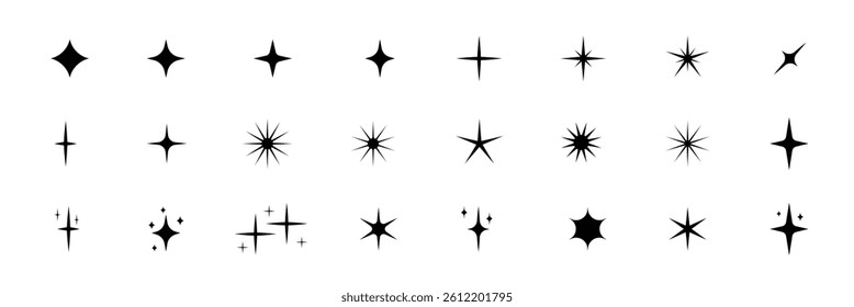 Retro star of different shapes flash silhouette set, Collection of twinkle particle stars and rays decorative symbols for design. Vector icons y2k style basic shapes geometric graphic elements. Sparkl