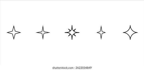 Retro star of different shapes flash silhouette set, Collection of twinkle particle stars and rays decorative symbols for design. Vector icons y2k style basic shapes geometric graphic elements.