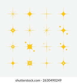 Retro star of different shapes flash yellow set, Collection of twinkle particle stars and rays decorative symbols for design. Icons style basic shapes geometric graphic elements