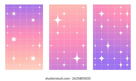 Retro star pattern set - bright y2k aesthetic backgrounds in neon gradient purple, orange and pink. Playful grid layouts with twinkles, square tiles, geometric shapes. 90s wallpapers for party flyers.