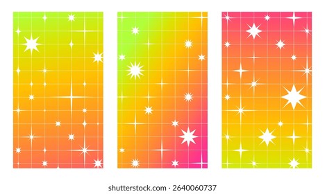 Retro star pattern set - bright y2k aesthetic backgrounds in neon gradient green, orange and pink. Playful grid layouts with twinkles, square tiles, geometric shapes. 90s wallpapers for party flyers.