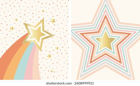 Retro Star and Shooting Star Illustrations with Gold and Pastel Colors