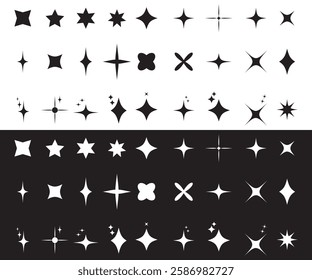 Retro star silhouette set with twinkle particles and rays