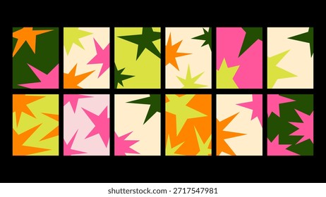 Retro starburst abstract poster set with bold sharp shapes and vibrant colors. Mid-century inspired graphic art for modern interiors