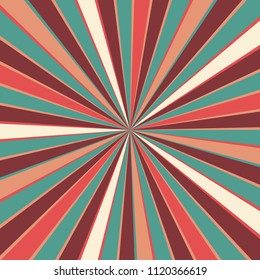 retro starburst or sunburst background pattern with a vintage color palette of burgundy red pink peach teal blue and beige white in a radial striped design