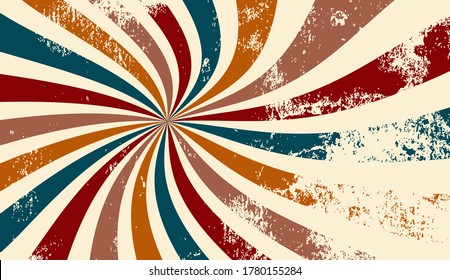 patrón de fondo retro starburst sunburst y paleta de color vintage con textura gruesa de color naranja rojo beige marrón y azul en espiral o giratorio de rayas radiales de diseño vectorial