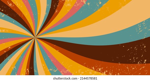 retro starburst sunburst background pattern and grunge textured vintage color palette of blue yellow gold beige brown red and pink in spiral or swirled radial striped design