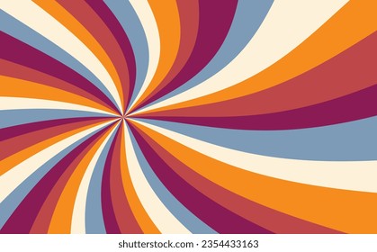 Retro-starbene Muster auf sonnenburstem Hintergrund in Retro-Farbpalette aus blau-orangefarbenen und beigen Streifen in spiralförmigen oder verwirbelten, radialen Streifen, alter Vintage-Hintergrund, Vektorgrafik in hippem Design der 60er