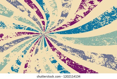 retro starburst or sunburst background vector pattern with a vintage distressed texture and colors of purple blue green and beige white in a spiral or swirled radial striped design