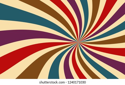 retro starburst or sunburst background vector pattern with a dark vintage color palette of red purple blue brown and beige in a spiral or swirled radial striped design