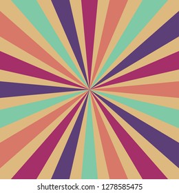 retro starburst or sunburst background vector pattern with a vintage color palette of purple pink orange blue and gold in a radial striped design