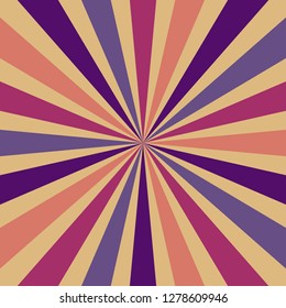 retro starburst or sunburst background vector pattern with a vintage color palette of purple pink coral and gold in a radial striped design