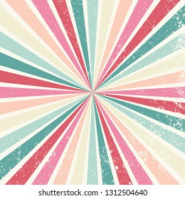 retro starburst or sunburst background vector pattern with a vintage color palette of red pink peach teal blue green and beige white in a radial striped design with texture grunge