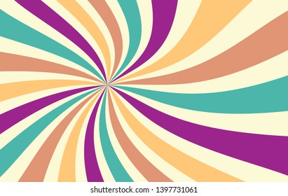retro starburst or sunburst background vector pattern with a fun vintage color palette of purple gold blue green orange brown and yellow beige in a spiral or swirled radial striped design